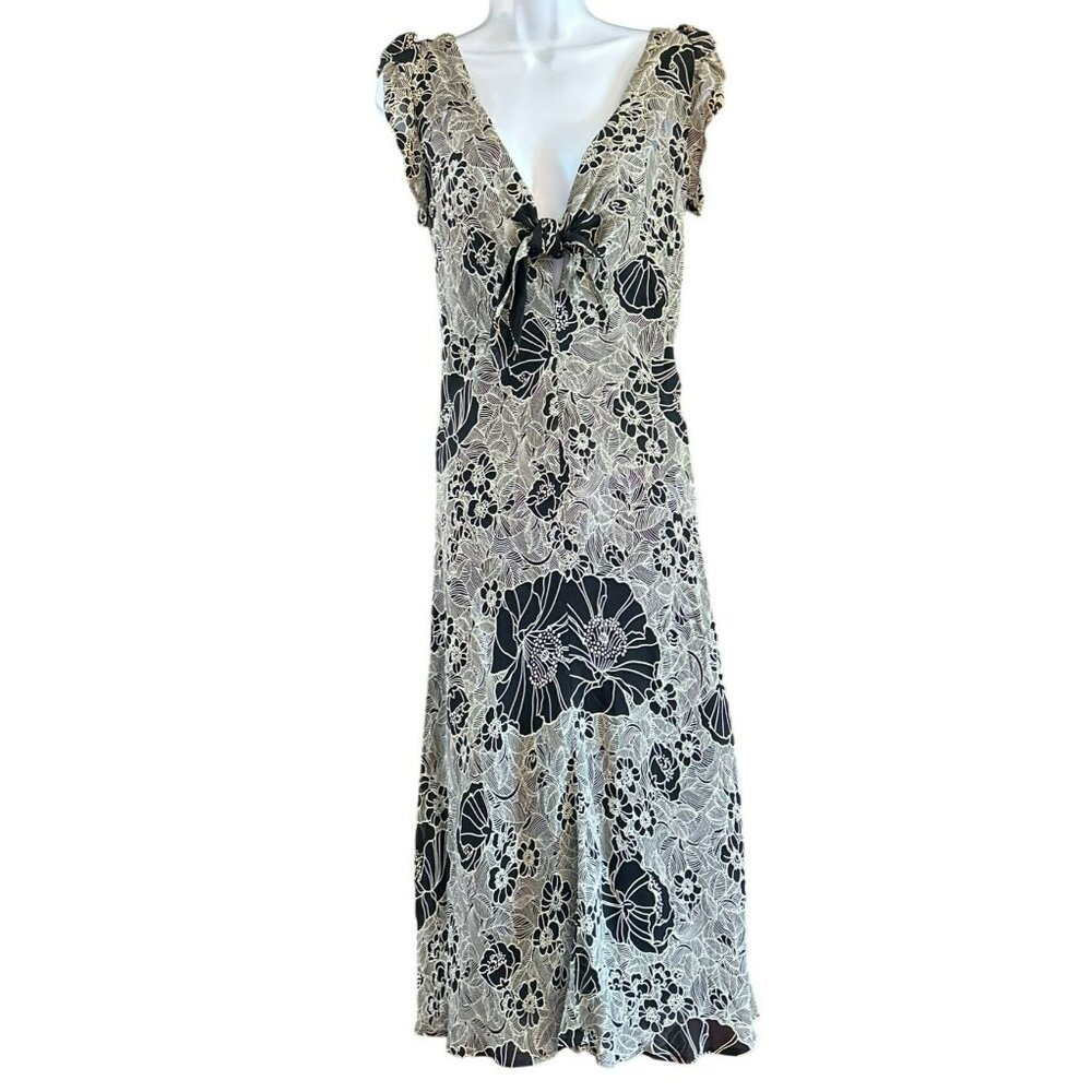 Vintage Salaam Black White Floral Print Rayon Midi Dress S/M Flowy Flouncy Y2K